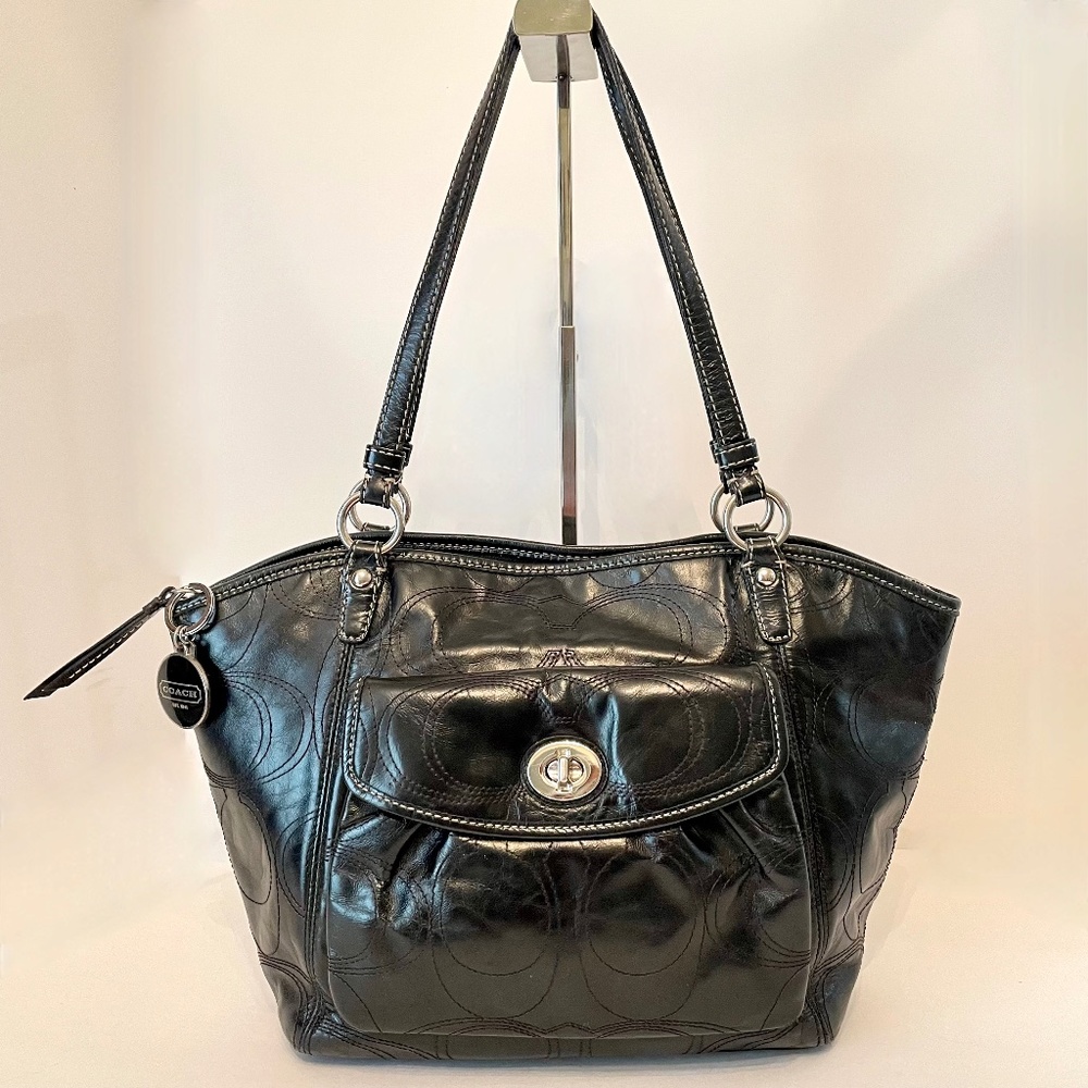 Coach Signature C Stitched Leather Shoulder Tote Bag Black